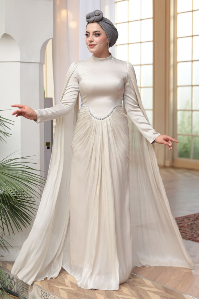 Tesettürlü Abiye Elbise - Pelerinli Bej Tesettür Abiye Elbise 5418BEJ - N.S NEVA STYLE