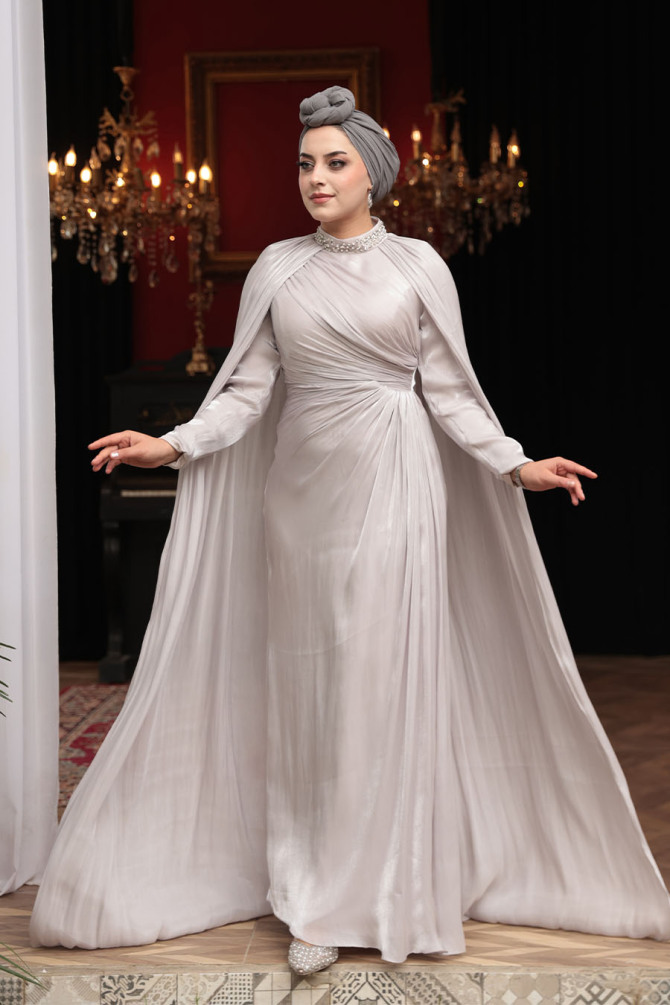 Tesettürlü Abiye Elbise - Pelerinli Bej Tesettür Abiye Elbise 54391BEJ - N.S NEVA STYLE