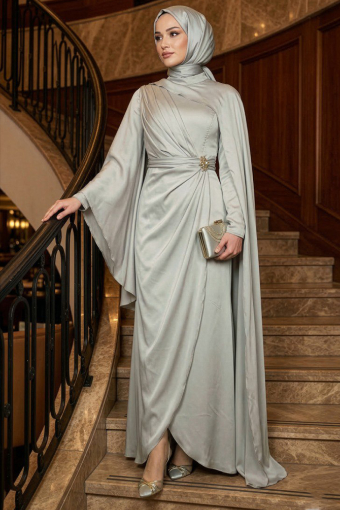 Tesettürlü Abiye Elbise - Pelerinli Bej Tesettür Abiye Elbise 54901BEJ - 1