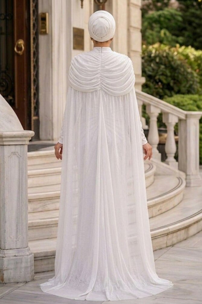 Tesettürlü Abiye Elbise - Pelerinli Beyaz Tesettür Abiye Elbise 56501B - 3