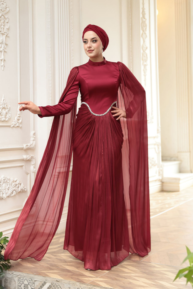 Tesettürlü Abiye Elbise - Pelerinli Bordo Tesettür Abiye Elbise 5418BR - 1