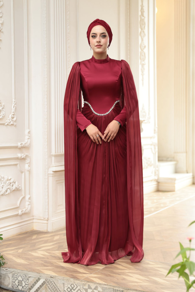 Tesettürlü Abiye Elbise - Pelerinli Bordo Tesettür Abiye Elbise 5418BR - 2