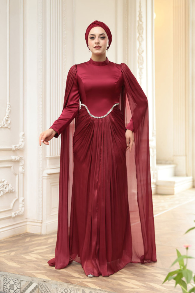 Tesettürlü Abiye Elbise - Pelerinli Bordo Tesettür Abiye Elbise 5418BR - 3