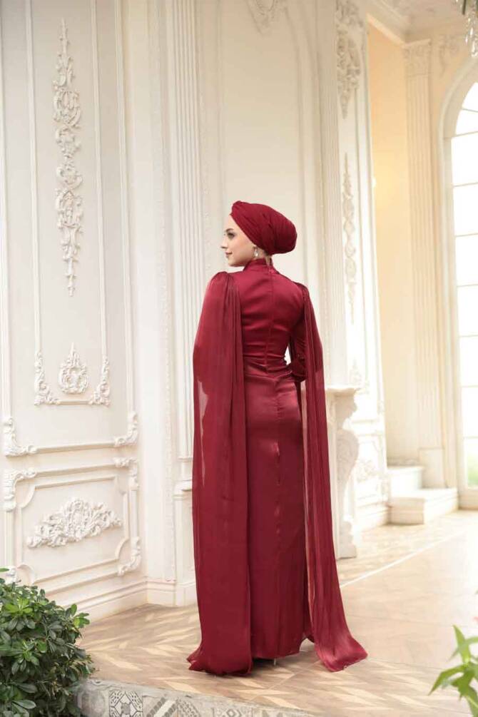 Tesettürlü Abiye Elbise - Pelerinli Bordo Tesettür Abiye Elbise 5418BR - 5