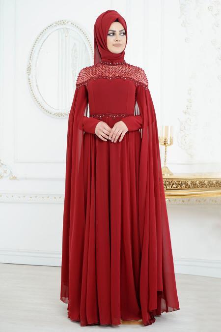 Tesettürlü Abiye Elbise - Pelerinli Bordo Tesettür Abiye Elbise 8023BR - 3
