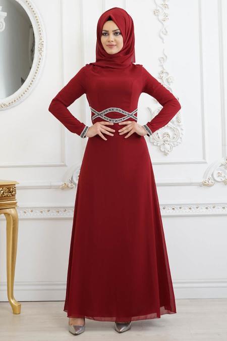 Tesettürlü Abiye Elbise - Pelerinli Bordo Tesettür Abiye Elbise 8094BR - 2