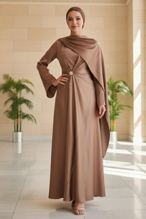 Tesettürlü Abiye Elbise - Pelerinli Camel Tesettür Saten Abiye Elbise 53862C 