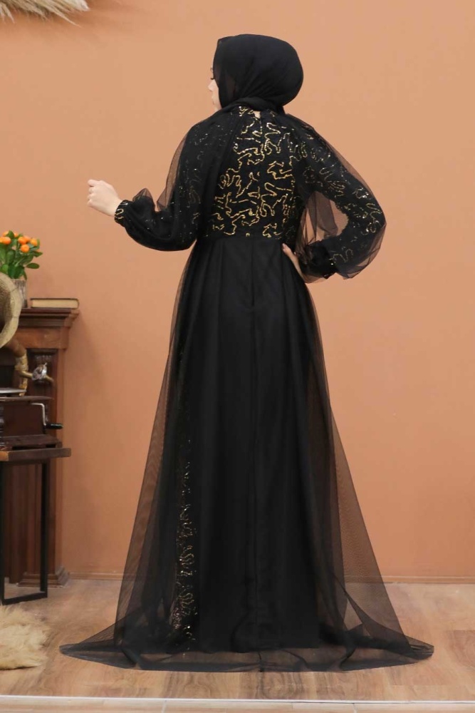 Tesettürlü Abiye Elbise - Pelerinli Gold Tesettür Abiye Elbise 55190GOLD - 2