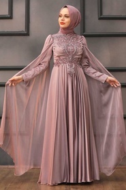 Tesettürlü Abiye Elbise - Pelerinli Gül Kurusu Tesettür Abiye Elbise 22001GK - Thumbnail