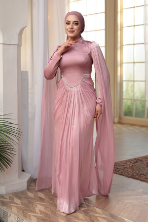 Tesettürlü Abiye Elbise - Pelerinli Gül Kurusu Tesettür Abiye Elbise 5418GK - 2