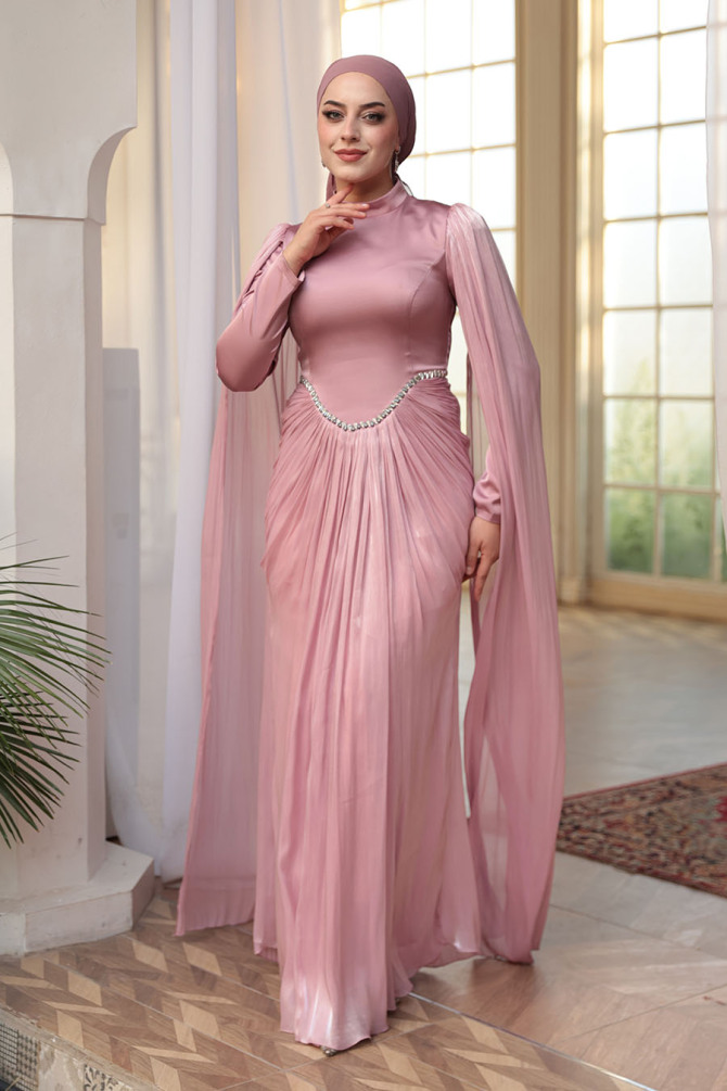 Tesettürlü Abiye Elbise - Pelerinli Gül Kurusu Tesettür Abiye Elbise 5418GK - 2