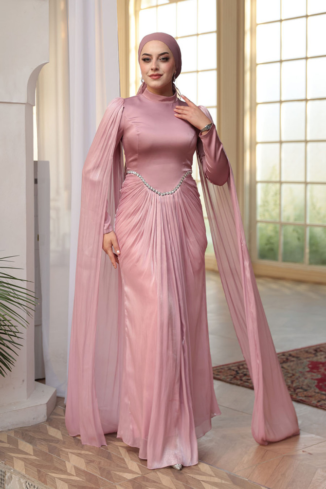 Tesettürlü Abiye Elbise - Pelerinli Gül Kurusu Tesettür Abiye Elbise 5418GK - N.S NEVA STYLE