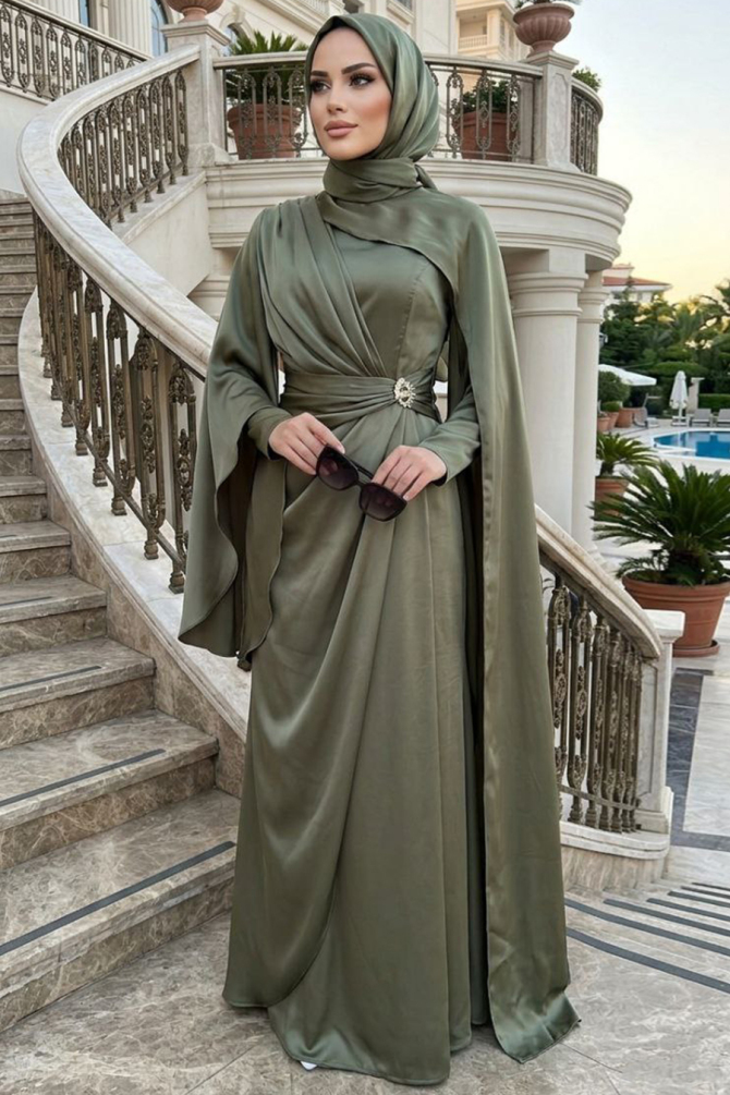 Tesettürlü Abiye Elbise - Pelerinli Haki Tesettür Abiye Elbise 54901HK - 1