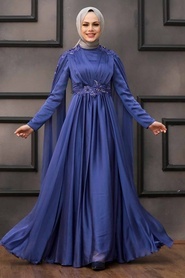 Tesettürlü Abiye Elbise - Pelerinli İndigo Mavisi Tesettür Abiye Elbise 22130IM - Thumbnail
