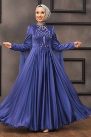 Tesettürlü Abiye Elbise - Pelerinli İndigo Mavisi Tesettür Abiye Elbise 22140IM - Thumbnail