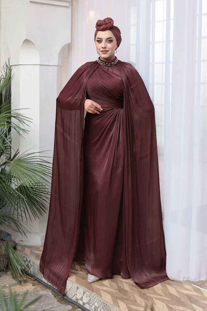 Tesettürlü Abiye Elbise - Pelerinli Kahverengi Tesettür Abiye Elbise 54391KH - N.S NEVA STYLE