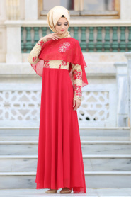 Tesettürlü Abiye Elbise - Pelerinli Kırmızı Tesettür Abiye Elbise 2713K - Thumbnail