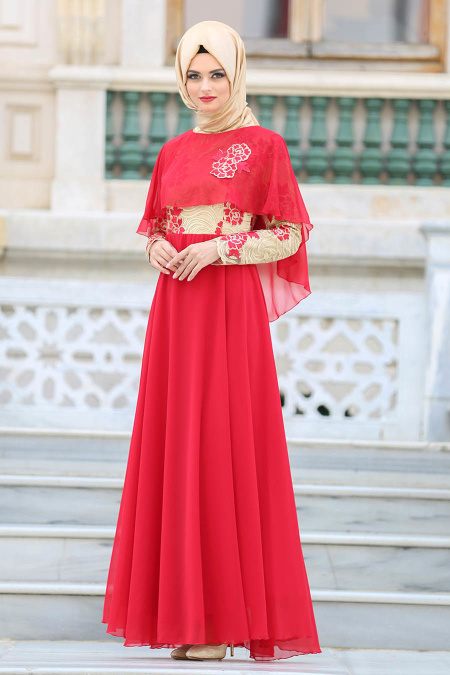 Tesettürlü Abiye Elbise - Pelerinli Kırmızı Tesettür Abiye Elbise 2713K