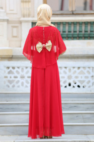Tesettürlü Abiye Elbise - Pelerinli Kırmızı Tesettür Abiye Elbise 2713K - Thumbnail
