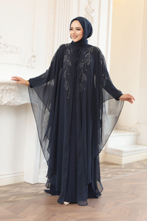 Tesettürlü Abiye Elbise - Pelerinli Lacivert Tesettür Abiye Elbise 25909L - 1