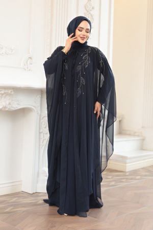 Tesettürlü Abiye Elbise - Pelerinli Lacivert Tesettür Abiye Elbise 25909L - 2
