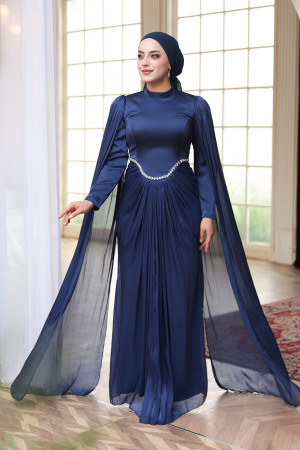 Tesettürlü Abiye Elbise - Pelerinli Lacivert Tesettür Abiye Elbise 5418L - 1