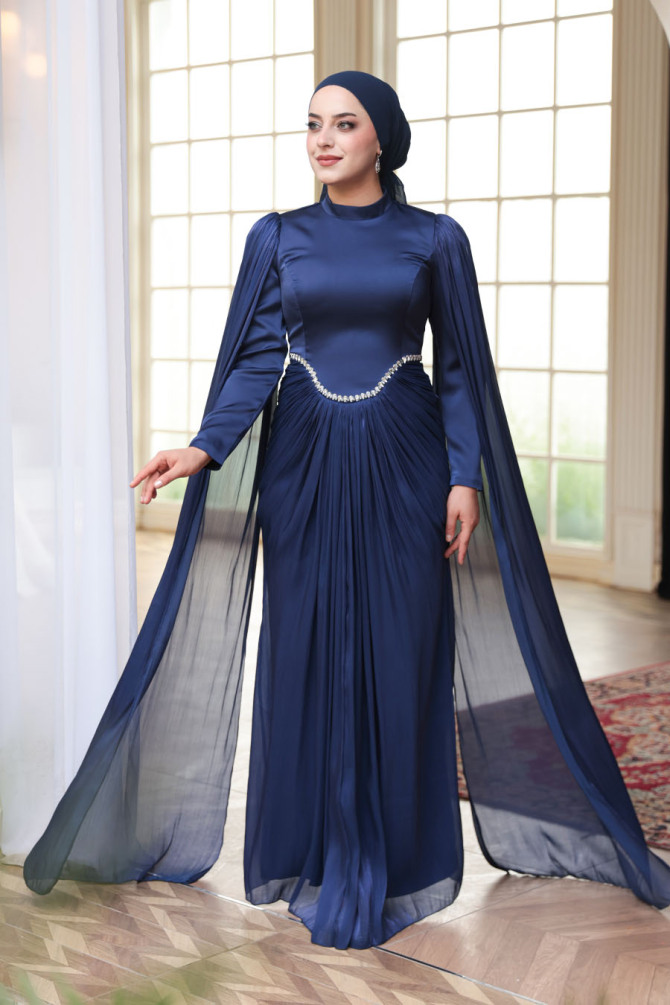 Tesettürlü Abiye Elbise - Pelerinli Lacivert Tesettür Abiye Elbise 5418L - 1
