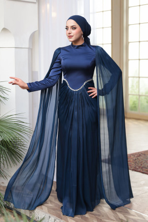 Tesettürlü Abiye Elbise - Pelerinli Lacivert Tesettür Abiye Elbise 5418L - 2