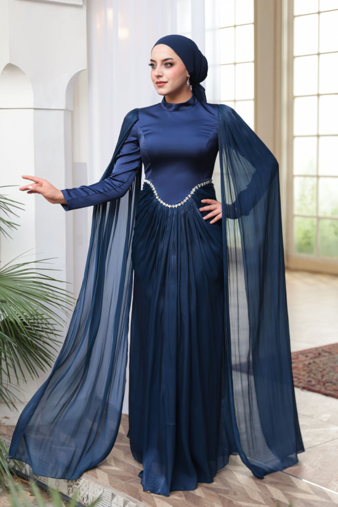 Tesettürlü Abiye Elbise - Pelerinli Lacivert Tesettür Abiye Elbise 5418L - 2