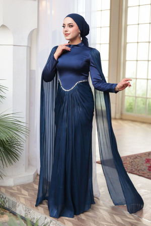 Tesettürlü Abiye Elbise - Pelerinli Lacivert Tesettür Abiye Elbise 5418L - 3