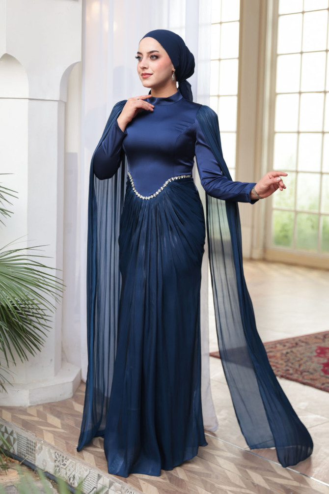 Tesettürlü Abiye Elbise - Pelerinli Lacivert Tesettür Abiye Elbise 5418L - 3