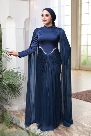 Tesettürlü Abiye Elbise - Pelerinli Lacivert Tesettür Abiye Elbise 5418L - 4