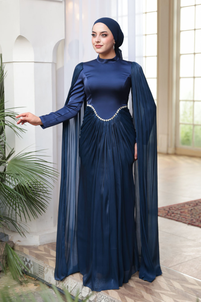 Tesettürlü Abiye Elbise - Pelerinli Lacivert Tesettür Abiye Elbise 5418L - 4
