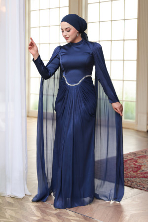 Tesettürlü Abiye Elbise - Pelerinli Lacivert Tesettür Abiye Elbise 5418L - 5