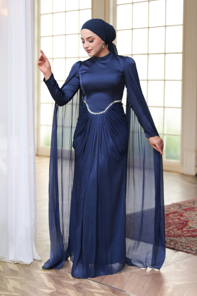 Tesettürlü Abiye Elbise - Pelerinli Lacivert Tesettür Abiye Elbise 5418L - 5