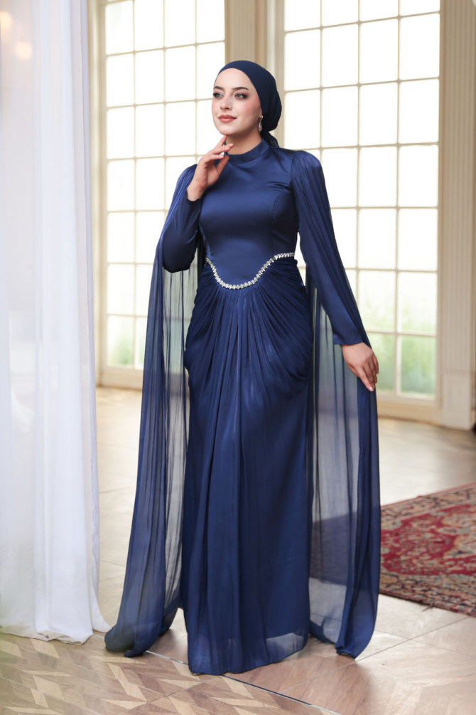 Tesettürlü Abiye Elbise - Pelerinli Lacivert Tesettür Abiye Elbise 5418L - 6