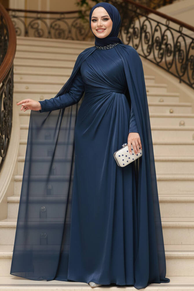 Tesettürlü Abiye Elbise - Pelerinli Lacivert Tesettür Abiye Elbise 54391L - 1