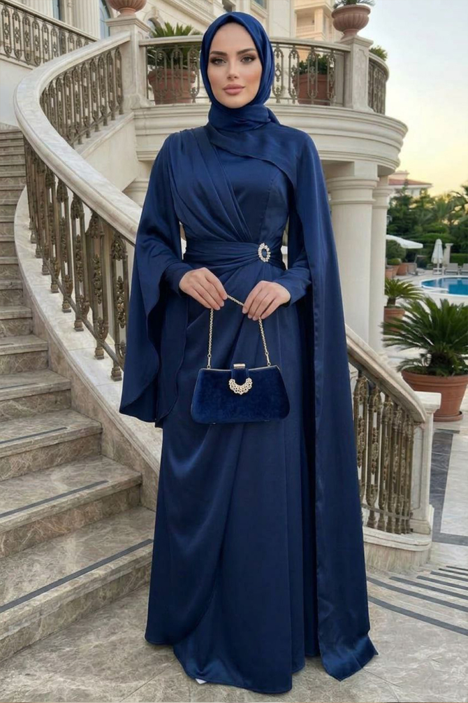 Tesettürlü Abiye Elbise - Pelerinli Lacivert Tesettür Abiye Elbise 54901L - 1
