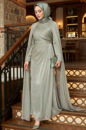 Tesettürlü Abiye Elbise - Pelerinli Mint Tesettür Abiye Elbise 54391MINT 