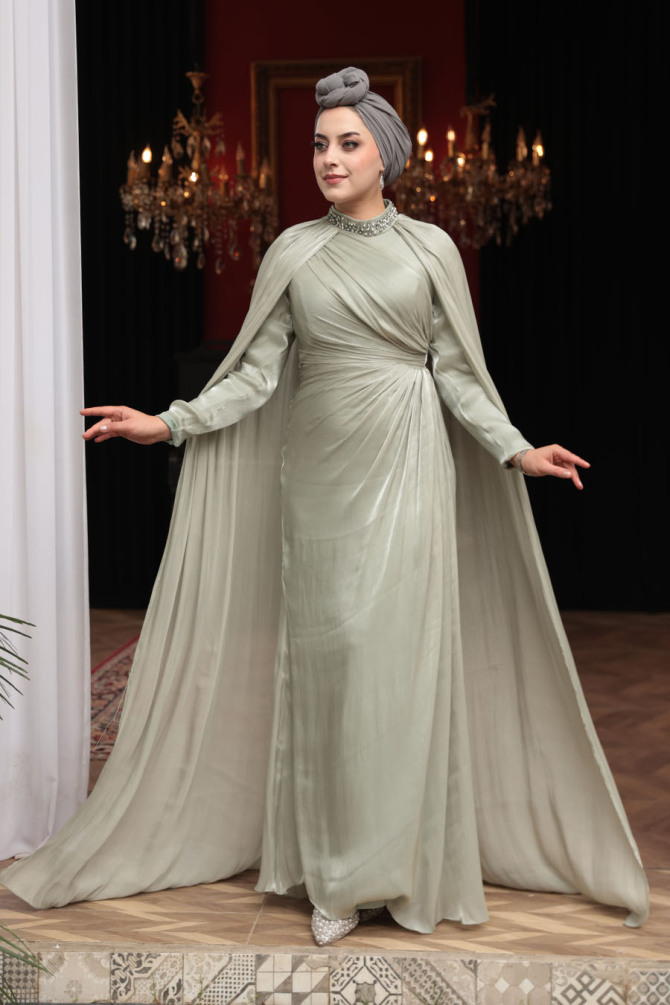 Tesettürlü Abiye Elbise - Pelerinli Mint Tesettür Abiye Elbise 54391MINT - N.S NEVA STYLE