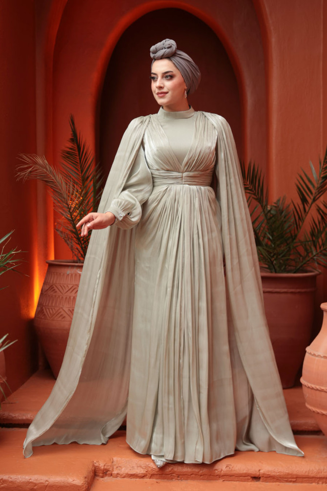 Tesettürlü Abiye Elbise - Pelerinli Mint Tesettür Abiye Elbise 5447MINT - 1