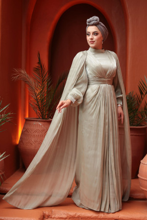 Tesettürlü Abiye Elbise - Pelerinli Mint Tesettür Abiye Elbise 5447MINT - 2