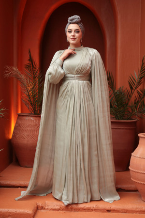 Tesettürlü Abiye Elbise - Pelerinli Mint Tesettür Abiye Elbise 5447MINT - 3