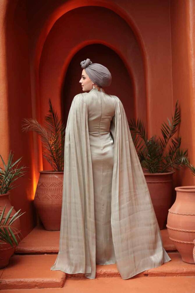 Tesettürlü Abiye Elbise - Pelerinli Mint Tesettür Abiye Elbise 5447MINT - 4