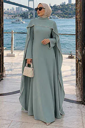 Cape-Detail Mint Modest Evening Dress 55481MINT 