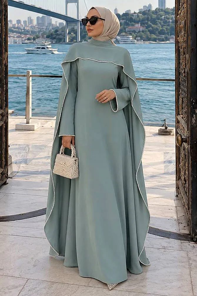 Cape-Detail Mint Modest Evening Dress 55481MINT - 1