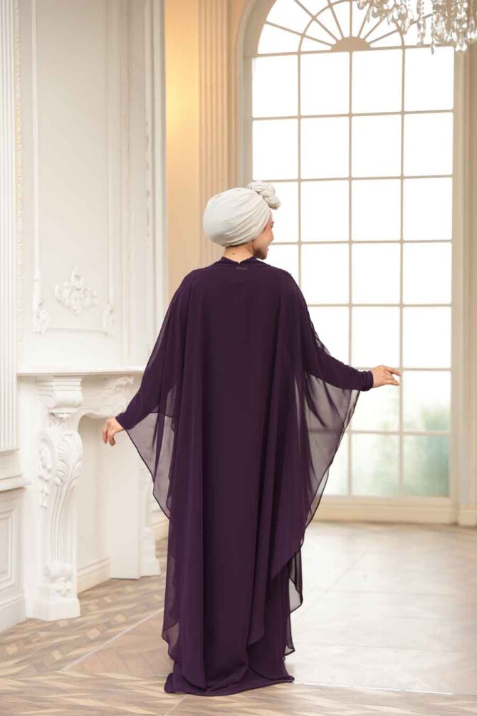 Tesettürlü Abiye Elbise - Pelerinli Mor Tesettür Abiye Elbise 25909MOR - 4