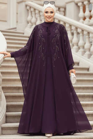 Tesettürlü Abiye Elbise - Pelerinli Mor Tesettür Abiye Elbise 25909MOR 