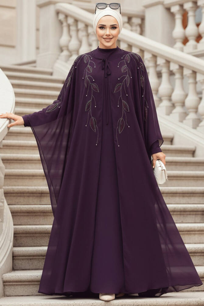 Tesettürlü Abiye Elbise - Pelerinli Mor Tesettür Abiye Elbise 25909MOR - 1