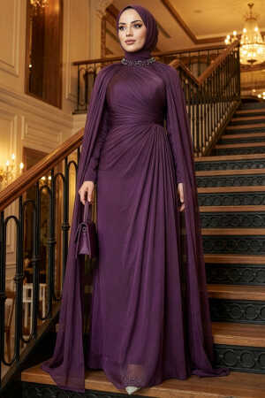 Tesettürlü Abiye Elbise - Pelerinli Mor Tesettür Abiye Elbise 54391MOR 